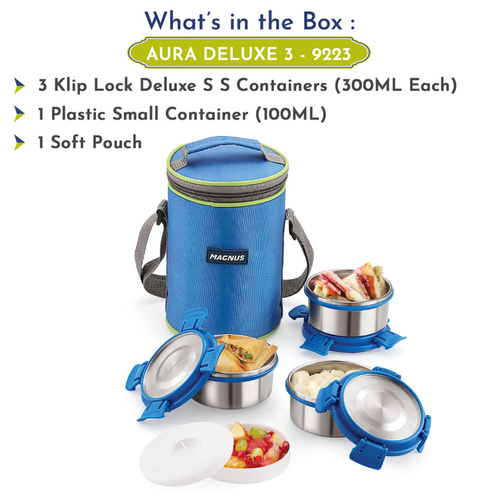 Magnus Aura 3 Deluxe Stainless Steel Lunch Box - Airtight & Leakproof Design with Insulated Cover - Ideal Lunch Box for Kids, Lunch Boxes for Office Men, Women - Premium Tiffin Container (Blue)