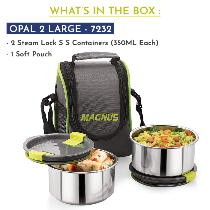 Magnus Opal 2 Stainless Steel Lunchbox Set with Bag - Leak-Proof, Insulated Lunch Box for Kids and Adults - 2 x 350ml Containers with Smart STEAM Lock - Ideal Lunch Boxes for Office Men, Women, School