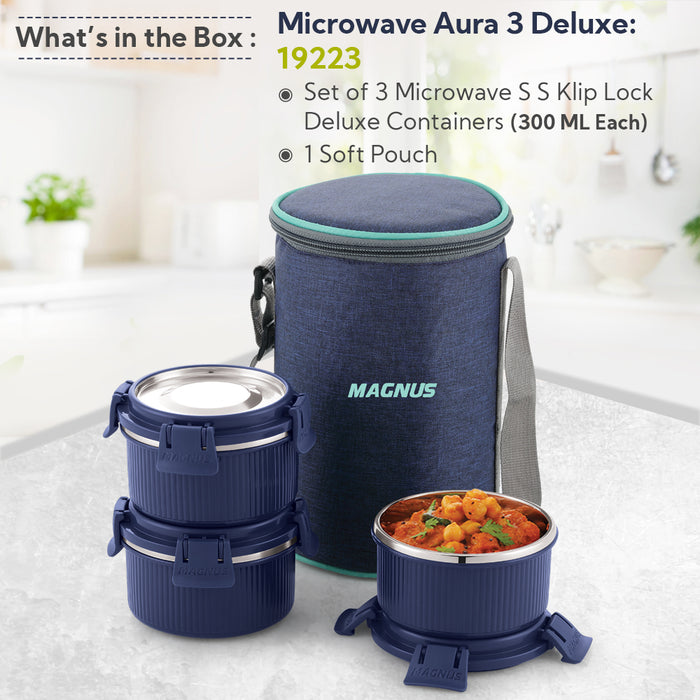Magnus Microwave Aura 3 Deluxe, Microwave Safe Ribbed Stainless Steel Lunch Box Set with Tiffin Bags & Pouch | Airtight, Leakproof Containers | Lunch Box for Kids, Lunch Boxes for Office Men, Women, School