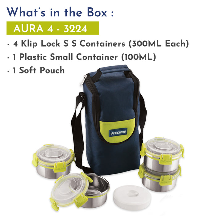 Magnus Aura 4-Piece Stainless Steel Lunch Box Set with Tiffin Bags, Utensils & Pouch | Airtight, Leakproof Containers for Office Men, Women, Kids | Insulated Covers, BPA-Free Lunch Boxes for Kids