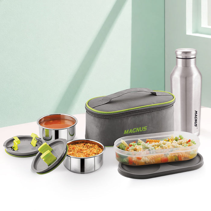 Magnus Olive 3 Stainless Steel Steam Lock Lunch Box with Sporty 900ml Stainless Steel Bottle - Durable Lunch Box for Kids and Functional Lunch Boxes for Office Men