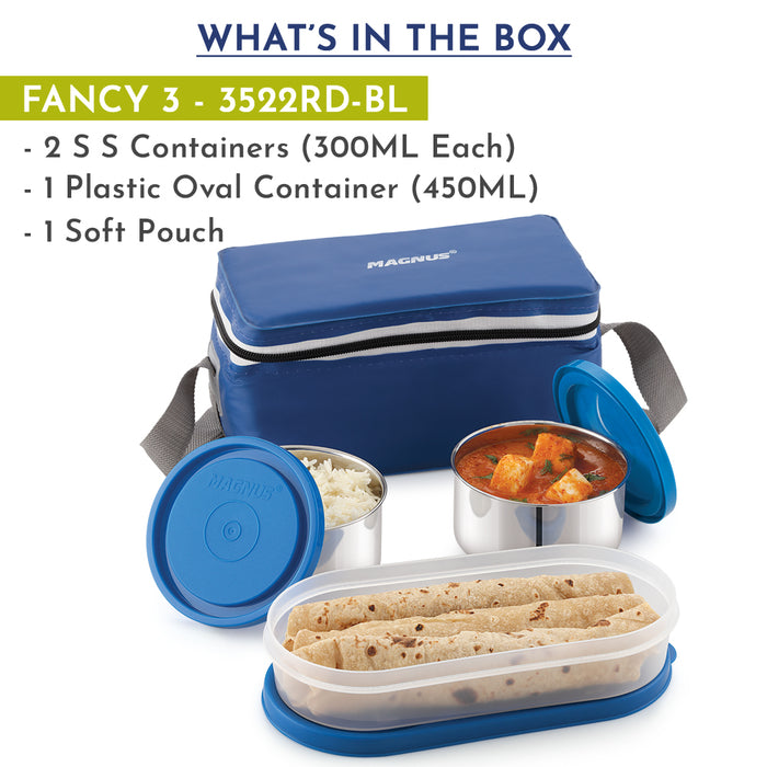 Magnus Fancy 3 Steel Lunch Box Set for Kids and Office Men, Leak-Proof Containers, 3 Compartments, Washable Cover, Stylish Carry Bag, Safe Design, Ideal for Office and School, Blue