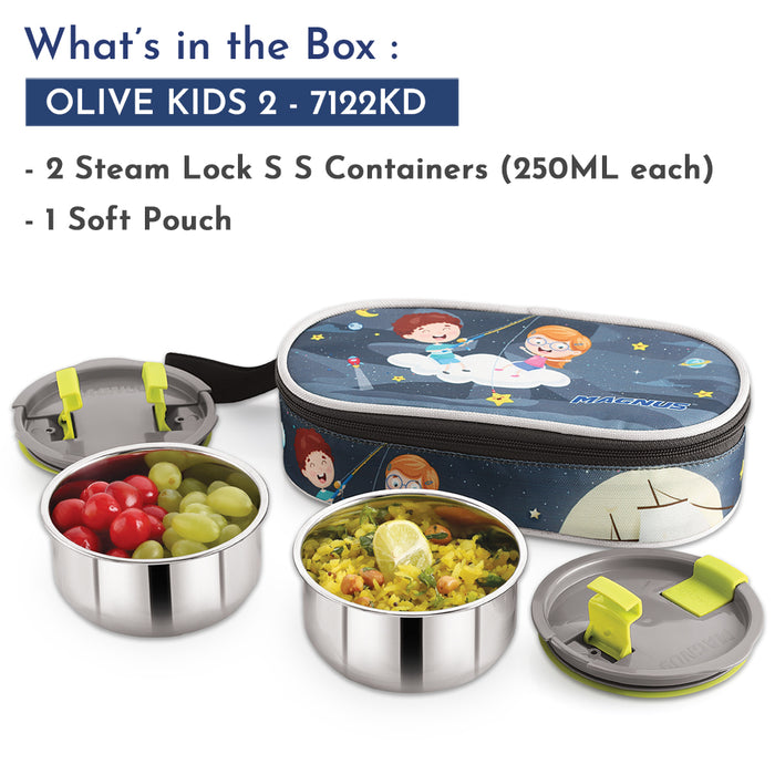 Magnus Olive Kids 2 Stainless Steel Lunch Box & Insulated Steam Lock Container | Airtight & Leakproof | Lunch Box for Kids | Lunch Boxes for Office Men | Ideal for Girls & Boys