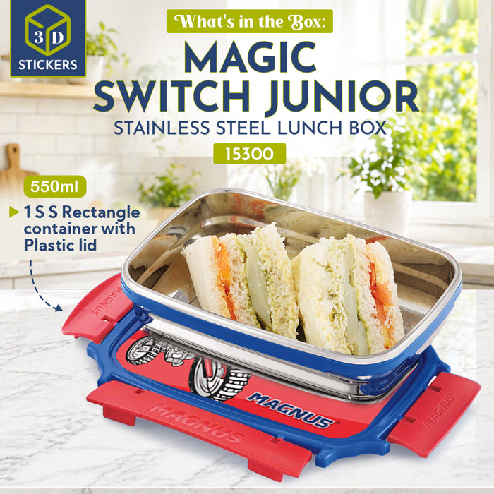 Magnus Magic Switch Junior Stainless Steel Lunch Box for Kids & School | 550 ml Container Container | Airtight & Leakproof Tiffin Box with 3D Lenticular Sticker & Detachable Clips | Blue, Red