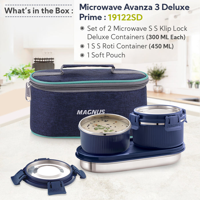 Magnus Microwave Avanza 3 Deluxe Prime - Stainless Steel Ribbed Microwave Safe Leakproof Lunch Box with Klip Lock & Carry Bag |Tiffin for Office, School, Men, Women, Kids