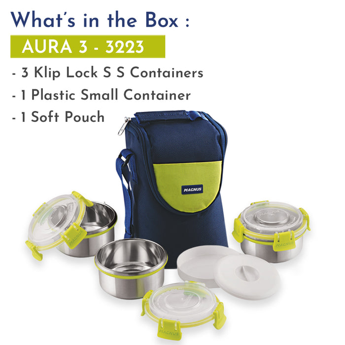 Magnus Aura 3 Stainless Steel Lunch Box Set - 3pcs with Tiffin Bags | Durable Lunch Box for Kids and Adults | Ideal Lunch Boxes for Office Men and Women | Perfect for School and Work