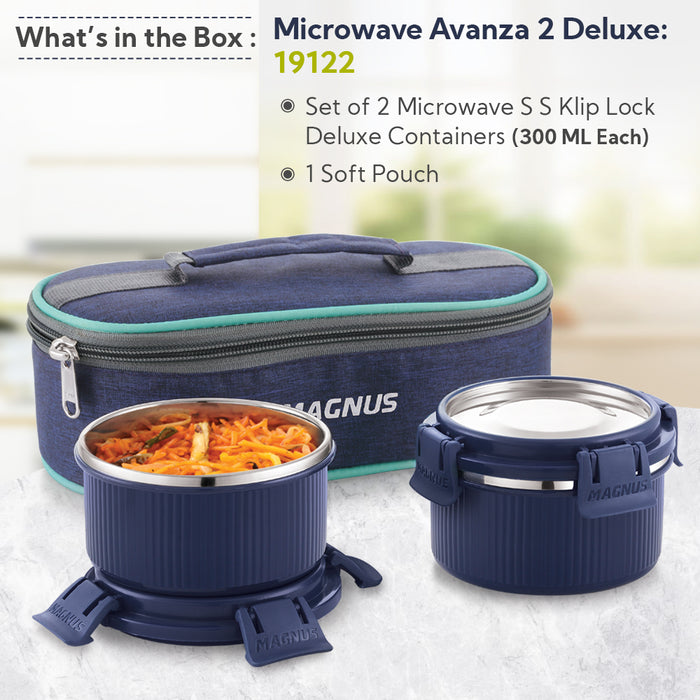 Magnus Microwave Avanza 2 Deluxe - Stainless Steel Ribbed Microwave Safe Leakproof Lunch Box with Klip Lock & Carry Bag |Tiffin for Office, School, Men, Women, Kids