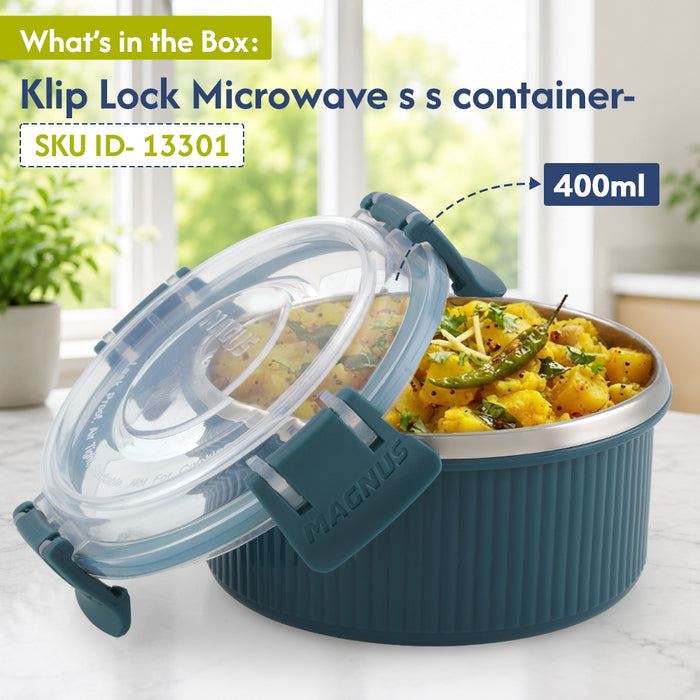 Magnus Klip Lock Stainless Steel Microwave Safe Container with Stainless Steel Lid, Snack & Food Storage, Leak & Spill Proof, BPA Free, Food Grade Material, 400ml, Blue