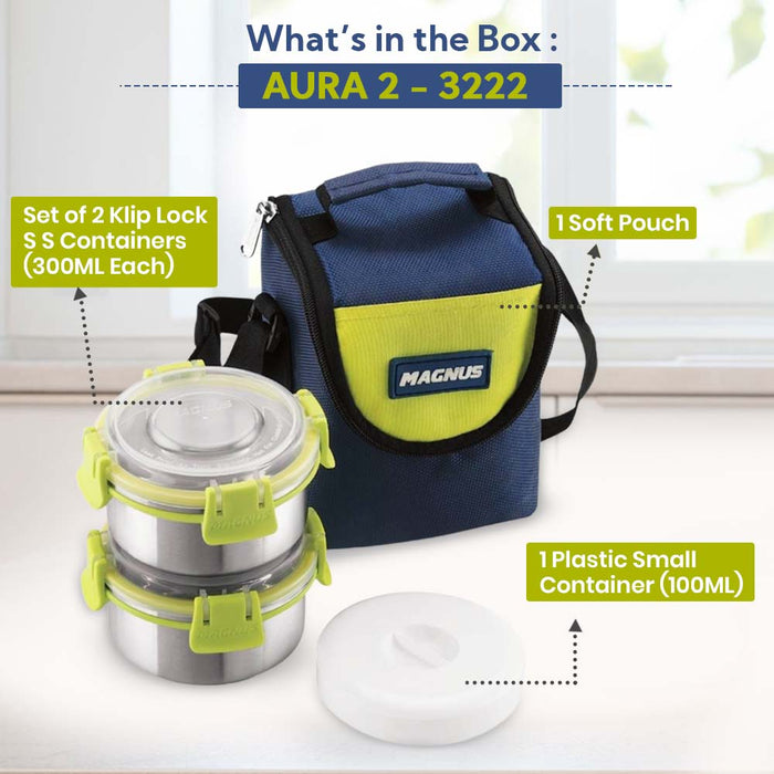 Magnus Aura 2-Piece Stainless Steel Lunch Box Set with Tiffin Bags | Airtight, Leakproof Containers | Lunch Box for Kids, Lunch Boxes for Office Men, Women, School | BPA-Free