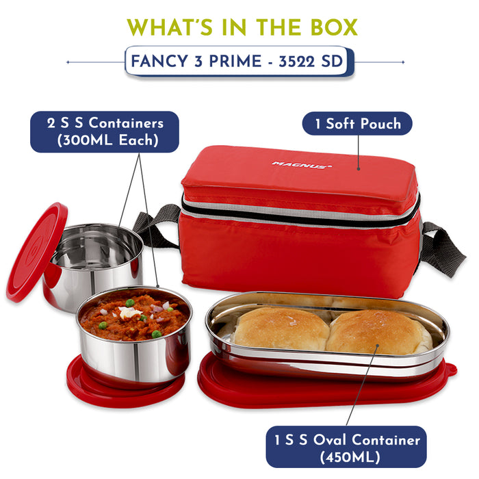 Magnus Fancy 3 Prime Steel Lunch Box Set | Leak-Proof Lunch Box for Kids, Office Men | 1050ml | Insulated Bag & Washable Cover | Tiffin with 3 Compartments | Safe & Stylish Design