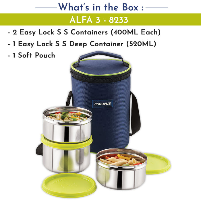 Magnus Alfa-3 Stainless Steel Lunch Box Set - 3 Leakproof Containers & Insulated Bag - Ideal Lunch Box for Kids & Lunch Boxes for Office Men - Safe, Air-Tight, Stylish Design in Blue