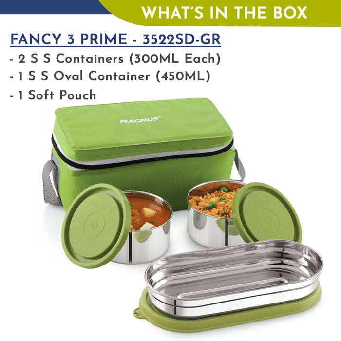 Magnus Fancy 3 Prime Steel Lunch Box Set | Leak-Proof Lunch Box for Kids & Lunch Boxes for Office Men | 3-Compartment Tiffin with Washable Cover | Safe & Stylish Design | Green