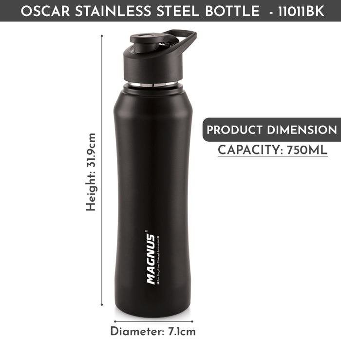 Magnus Oscar Single Wall Stainless Steel Water Bottle for School, Office, Home, Gym, Leakproof, Rust free, Black - 750ml