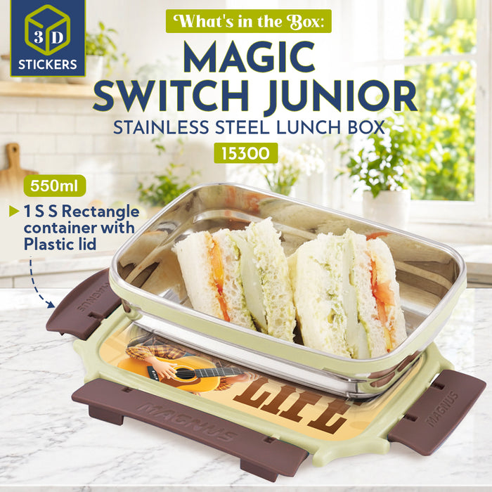 Magnus Magic Switch Junior Stainless Steel Lunch Box for Kids & School | 550 ml Container Container | Airtight & Leakproof Tiffin Box with 3D Lenticular Sticker & Detachable Clips | Brown