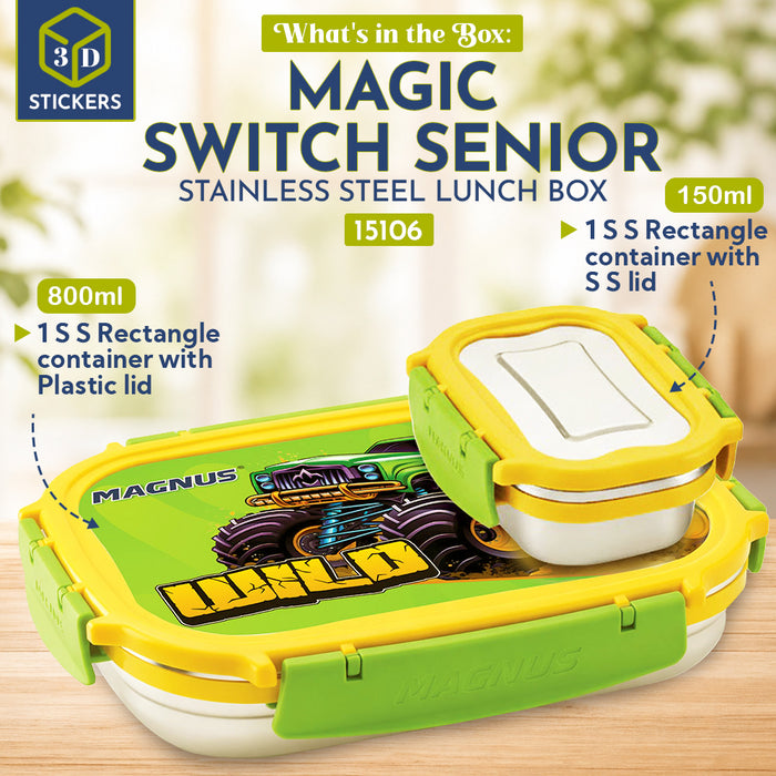 Magnus Magic Switch Senior Stainless Steel Lunch Box for Kids & School | 800ml Main Container + 150ml SS Container | Airtight & Leakproof Tiffin Box with 3D Lenticular Sticker | Green & Yellow