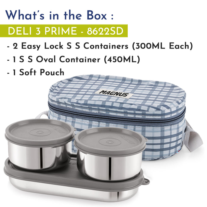 Magnus Deli 3 Prime Stainless Steel Lunch Box Set - Leakproof, BPA-Free, Hot Food Safe, Air-Tight Seal, Grey Lunch Box for Kids & Lunch Boxes for Office Men & Women, Ideal for School & Office
