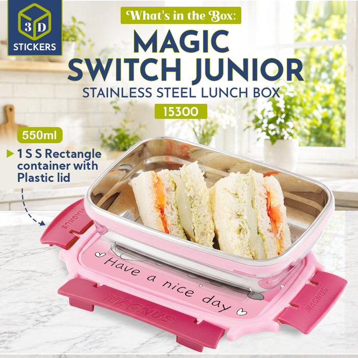 Magnus Magic Switch Junior Stainless Steel Lunch Box for Kids & School | 550 ml Container Container | Airtight & Leakproof Tiffin Box with 3D Lenticular Sticker & Detachable Clips | Pink