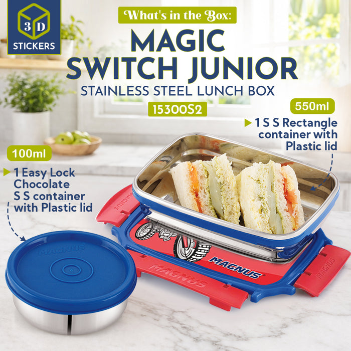 Magnus Magic Switch Junior Stainless Steel Lunch Box for Kids & School | 550 ml Main Container + 100ml Round Container | Airtight & Leakproof Tiffin Box with 3D Lenticular Sticker | Red, Blue
