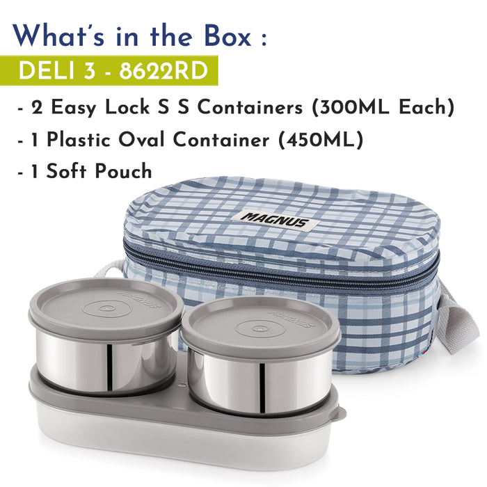 Magnus Deli 3 Stainless Steel Lunch Box Set - Grey | Leakproof & BPA-Free | Lunch Box for Kids | Hot Food Safe | Air-Tight Seal Tiffin Containers | Ideal Lunch Boxes for Office Men & Women