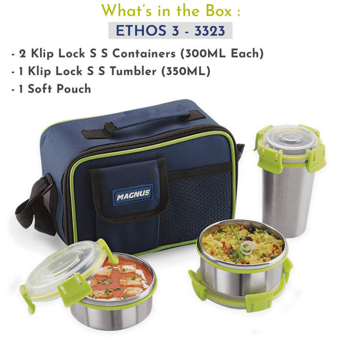 Magnus Ethos 3 Lunch Box Set | Stainless Steel Tiffin with 2 Containers & 1 Glass | Air-Tight, Leakproof, Insulated Bag - Green | Lunch Box for Kids | Lunch Boxes for Office Men, Women