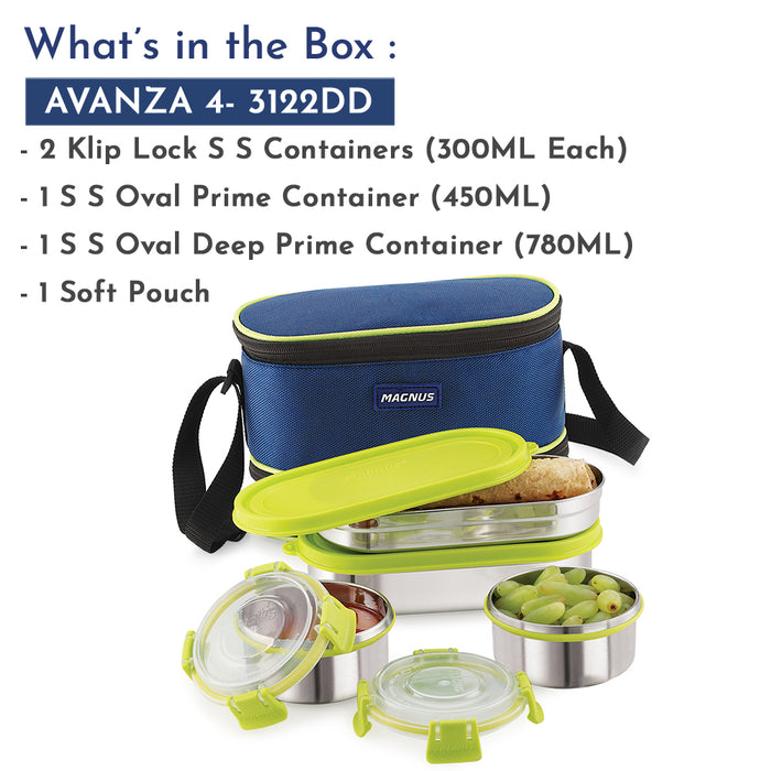 Magnus Avanza 4 - Stainless Steel Leakproof Lunch Box for Kids with Klip Lock & Insulated Bag | Airtight BPA-Free Tiffin | Ideal Lunch Boxes for Office Men, Women, School | Durable Food Containers