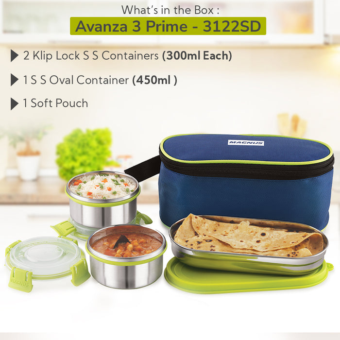 Magnus Avanza 3 Prime - Stainless Steel Leakproof Lunch Box with Klip Lock & Insulated Bag |Tiffin for Office, School, Men, Women, Kids | Airtight & BPA-Free Food Containers