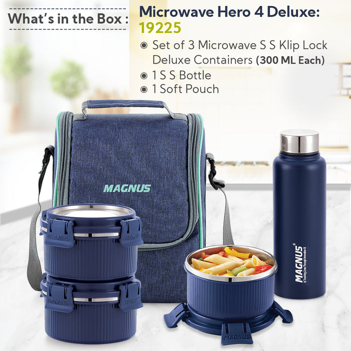 Magnus Microwave Hero 4 Deluxe Stainless Steel Klip Lock Lunch Box with Blue Vertical Pouch, 1 SS Bottle (700ml) & 3 Round Airtight, Leakproof Containers, 300ml Each