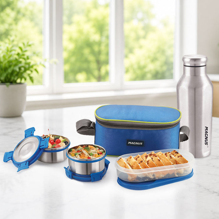 Magnus Avanza 3 Deluxe Stainless Steel Lunch Box with 2 Containers (600ml) & 1 Oval Container, Includes Stainless Steel Bottle (550ml), Airtight & Leakproof, Ideal Lunch Box for Kids & Office Men