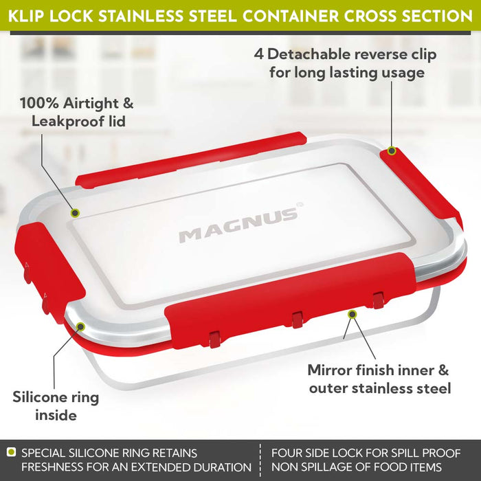 Magnus Dixie Stainless Steel Lunch Box - Airtight & Leak Proof Tiffin, 2 Containers (800ml & 200ml), Ideal Lunch Box for Kids, Lunch Boxes for Office Men, Women & Picnic, Red