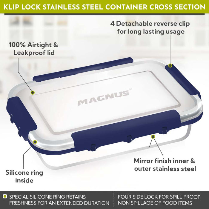 Magnus Dixie Stainless Steel Lunch Box - Airtight & Leak Proof Tiffin, 2 Containers (800ml & 200ml), Ideal Lunch Box for Kids, Lunch Boxes for Office Men, Women & Picnic, Blue