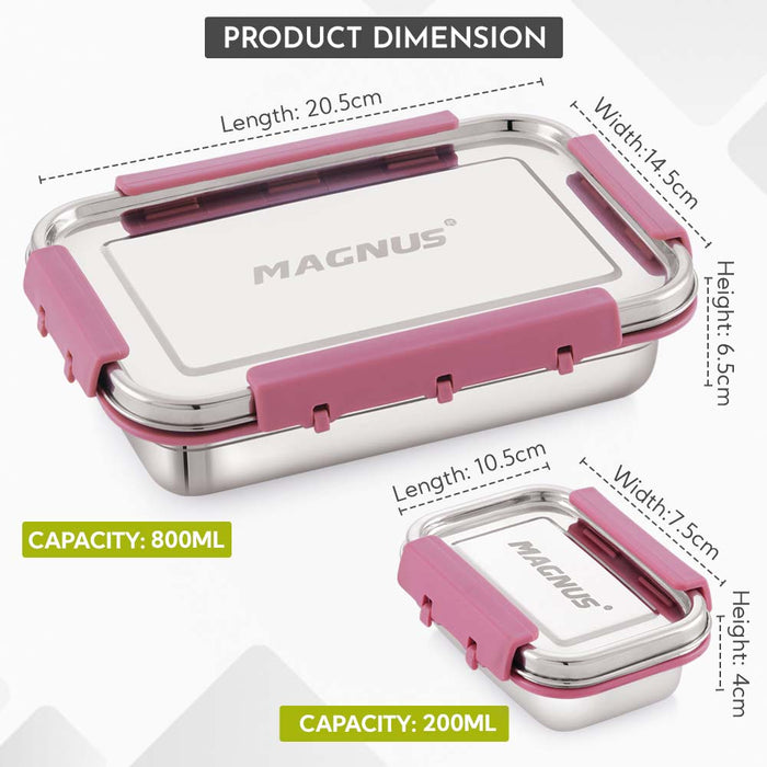 Magnus Dixie Stainless Steel Lunch Box - Airtight & Leak Proof Tiffin, 2 Containers (800ml & 200ml), Ideal Lunch Box for Kids, Lunch Boxes for Office Men, Women & Picnic, Pink