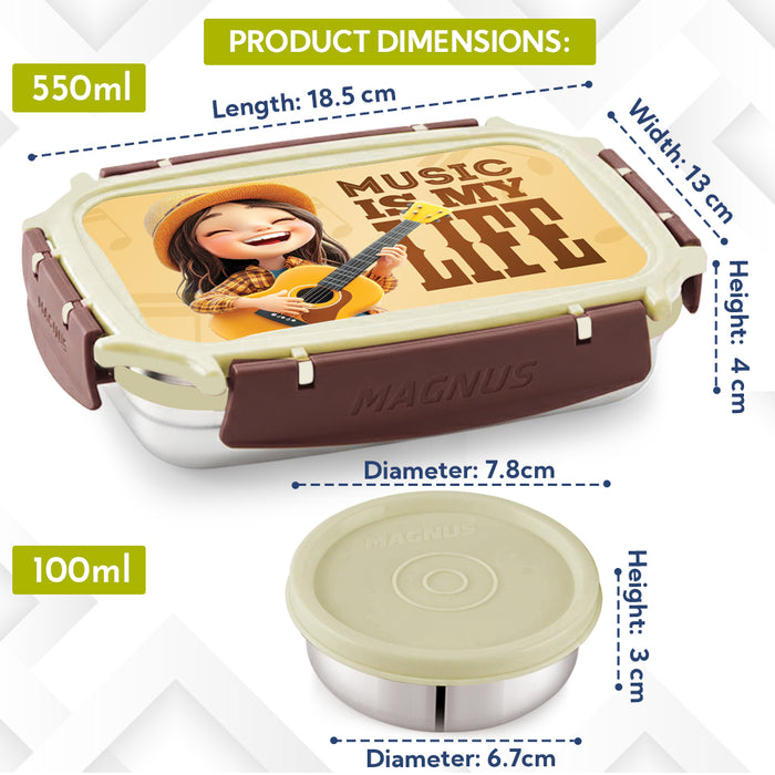 Magnus Magic Switch Junior Stainless Steel Lunch Box for Kids & School | 550 ml Main Container + 100ml Round Container | Airtight & Leakproof Tiffin Box with 3D Lenticular Sticker | Brown
