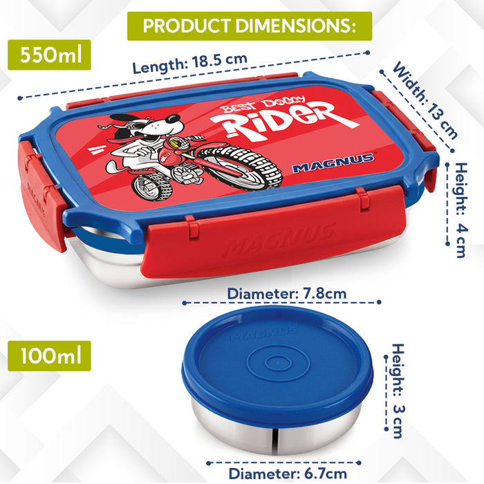 Magnus Magic Switch Junior Stainless Steel Lunch Box for Kids & School | 550 ml Main Container + 100ml Round Container | Airtight & Leakproof Tiffin Box with 3D Lenticular Sticker | Red, Blue