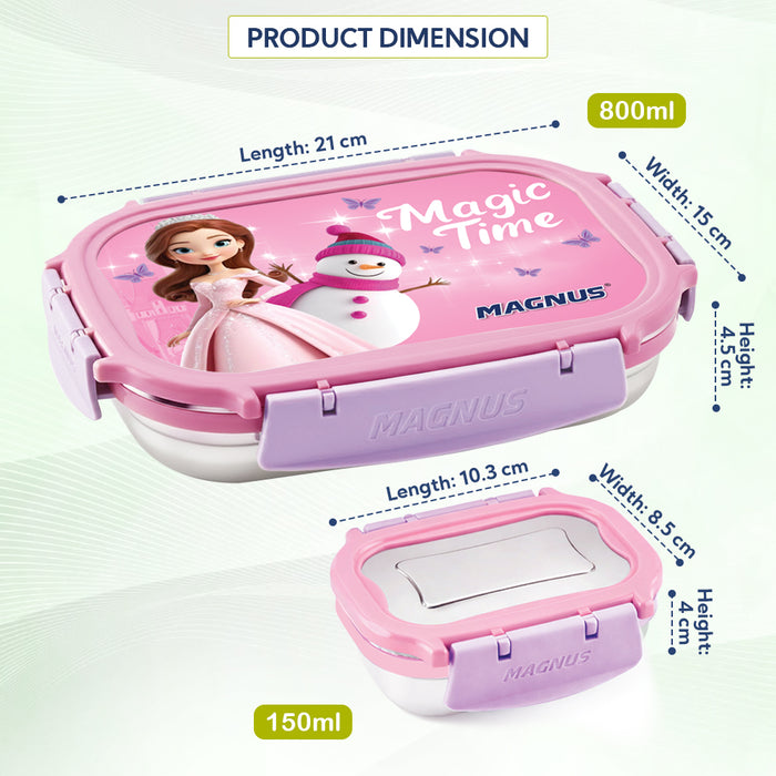 Magnus Magic Switch Senior Stainless Steel Lunch Box for Kids | 800ml Main Container + 150ml SS Container | Airtight & Leakproof Tiffin Box with 3D Lenticular Sticker & Detachable Clips | Pink