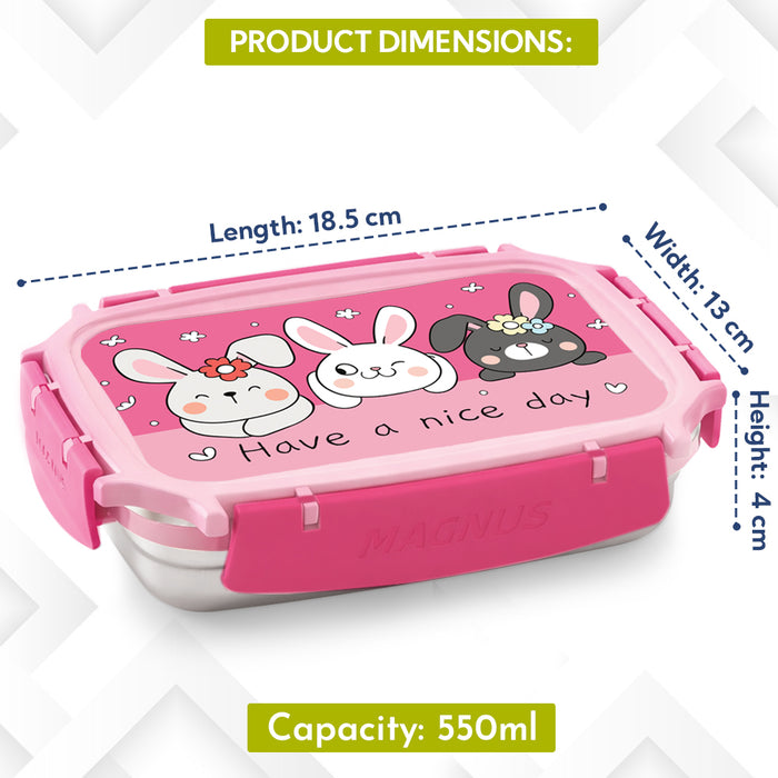 Magnus Magic Switch Junior Stainless Steel Lunch Box for Kids & School | 550 ml Container Container | Airtight & Leakproof Tiffin Box with 3D Lenticular Sticker & Detachable Clips | Pink