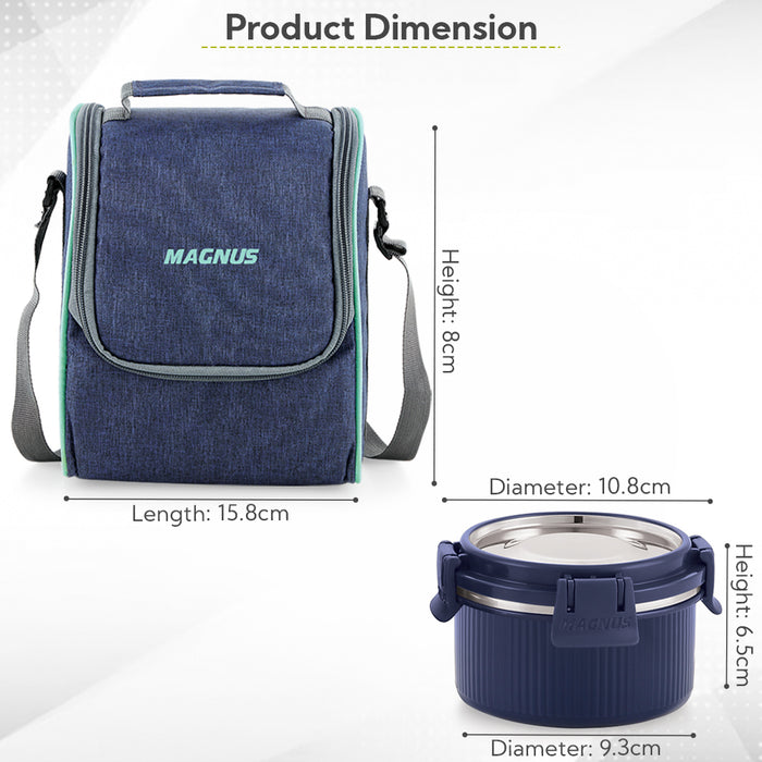 Magnus Microwave Hero 4 Deluxe Stainless Steel Klip Lock Lunch Box with Blue Vertical Pouch, 1 SS Bottle (700ml) & 3 Round Airtight, Leakproof Containers, 300ml Each