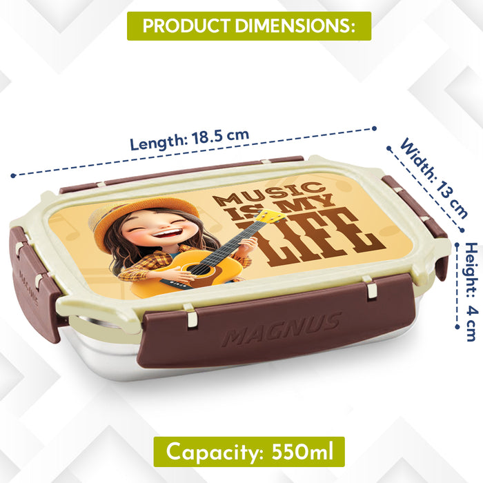 Magnus Magic Switch Junior Stainless Steel Lunch Box for Kids & School | 550 ml Container Container | Airtight & Leakproof Tiffin Box with 3D Lenticular Sticker & Detachable Clips | Brown