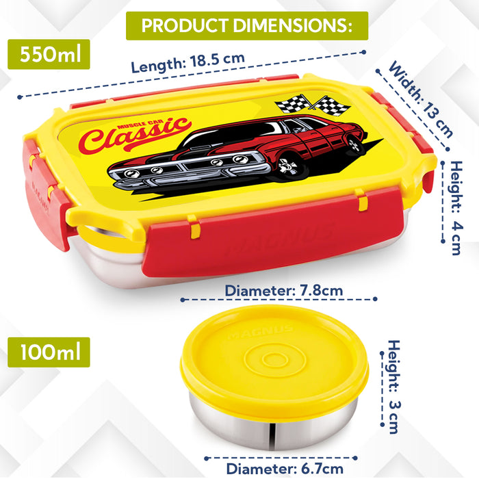 Magnus Magic Switch Junior Stainless Steel Lunch Box for Kids & School | 550 ml Main Container + 100ml Round Container | Airtight & Leakproof Tiffin Box with 3D Lenticular Sticker | Red, Blue