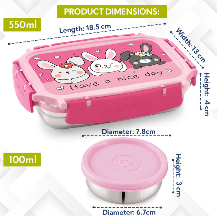 Magnus Magic Switch Junior Stainless Steel Lunch Box for Kids & School | 550 ml Main Container + 100ml Round Container | Airtight & Leakproof Tiffin Box with 3D Lenticular Sticker | Pink