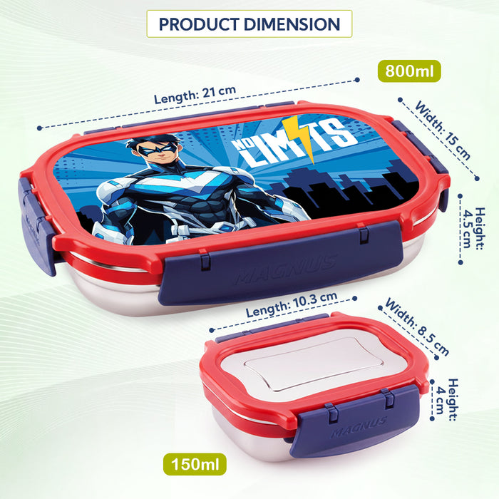 Magnus Magic Switch Senior Stainless Steel Lunch Box for Kids & School | 800ml Main Container + 150ml SS Container | Airtight & Leakproof Tiffin Box with 3D Lenticular Sticker | Red & Blue