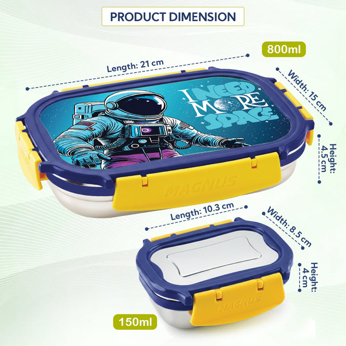 Magnus Magic Switch Senior Stainless Steel Lunch Box for Kids & School | 800ml Main Container + 150ml SS Container | Airtight & Leakproof Tiffin Box with 3D Lenticular Sticker | Blue & Yellow
