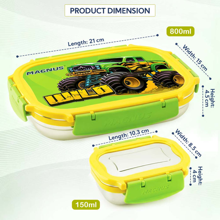 Magnus Magic Switch Senior Stainless Steel Lunch Box for Kids & School | 800ml Main Container + 150ml SS Container | Airtight & Leakproof Tiffin Box with 3D Lenticular Sticker | Green & Yellow