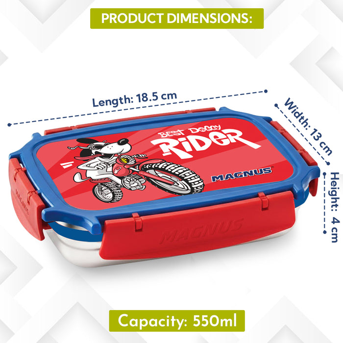 Magnus Magic Switch Junior Stainless Steel Lunch Box for Kids & School | 550 ml Container Container | Airtight & Leakproof Tiffin Box with 3D Lenticular Sticker & Detachable Clips | Blue, Red