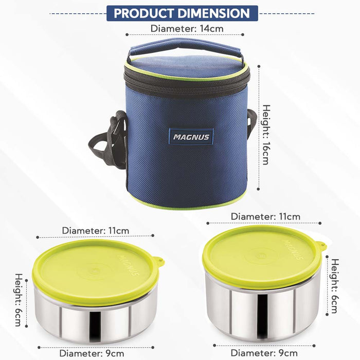 Magnus Alfa-2 Stainless Steel Lunch Box Set with Leak-Proof Containers & Insulated Bag - Air-Tight Lunch Box for Kids, Safe Lunch Boxes for Office Men, Ideal Tiffin for School & Work (Blue)