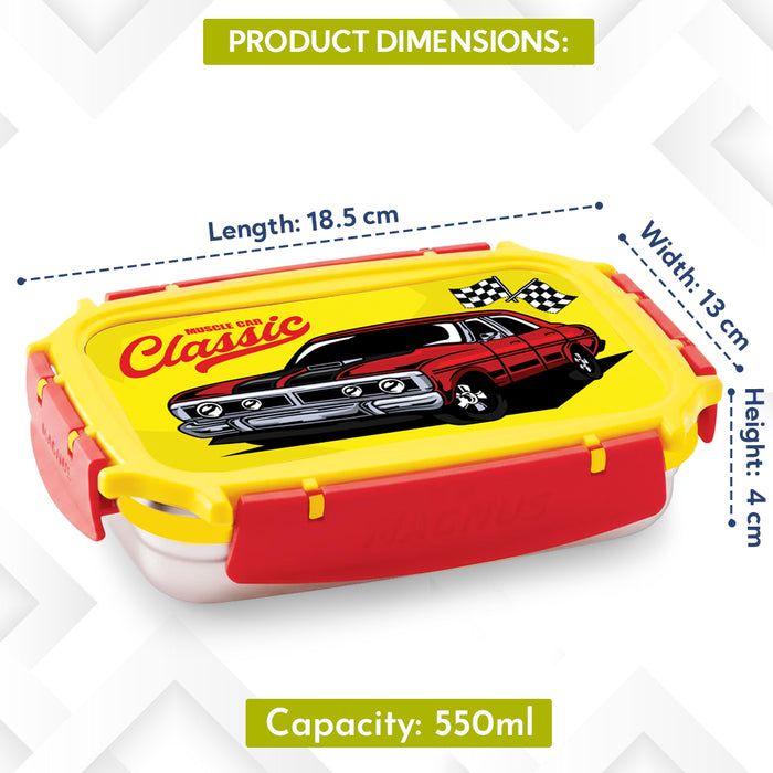 Magnus Magic Switch Junior Stainless Steel Lunch Box for Kids & School | 550 ml Container Container | Airtight & Leakproof Tiffin Box with 3D Lenticular Sticker & Detachable Clips | Red, Yellow