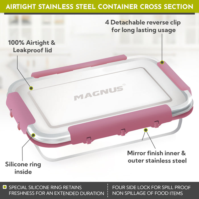 Magnus Dixie Stainless Steel Lunch Box - Airtight & Leak Proof Tiffin, 2 Containers (800ml & 200ml), Ideal Lunch Box for Kids, Lunch Boxes for Office Men, Women & Picnic, Pink