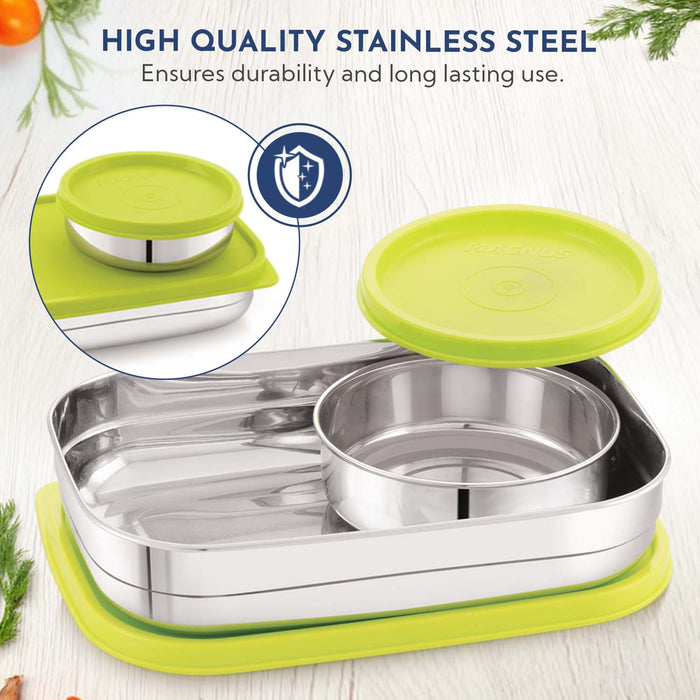 Magnus Rush Stainless Steel Lunch Box - Airtight & Leak Proof Tiffin, 2 Containers (800ml & 200ml), Ideal Lunch Box for Kids, Lunch Boxes for Office Men, Women & Picnic, Green
