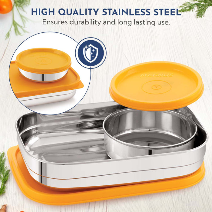 Magnus Rush Stainless Steel Lunch Box - Airtight & Leak Proof Tiffin, 2 Containers (800ml & 200ml), Ideal Lunch Box for Kids, Lunch Boxes for Office Men, Women & Picnic, Orange