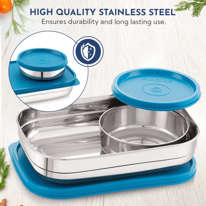 Magnus Rush Stainless Steel Lunch Box - Airtight & Leak Proof Tiffin, 2 Containers (800ml & 200ml), Ideal Lunch Box for Kids, Lunch Boxes for Office Men, Women & Picnic, Peacock Green