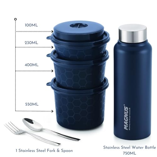 Magnus Microwave Safe EVA 5 Lunch Box Set (Blue) -3 Microwave Safe Easylock Stainless Steel Containers|1 Small Plastic Chutney Box|1 Steel Bottle|Steel Cutlery|Compact Easy to Carry Bag (1750ML)
